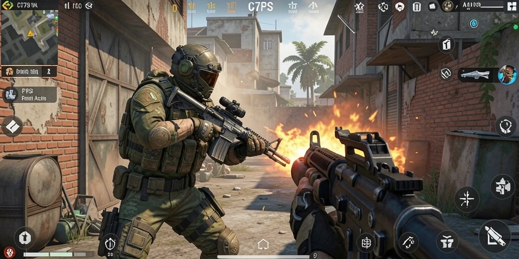 Screenshot gameplay C789 menampilkan aksi tembak-menembak yang intens.