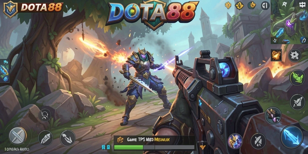 Screenshot utama DOTA88 menampilkan karakter dalam aksi tempur TPS yang seru.