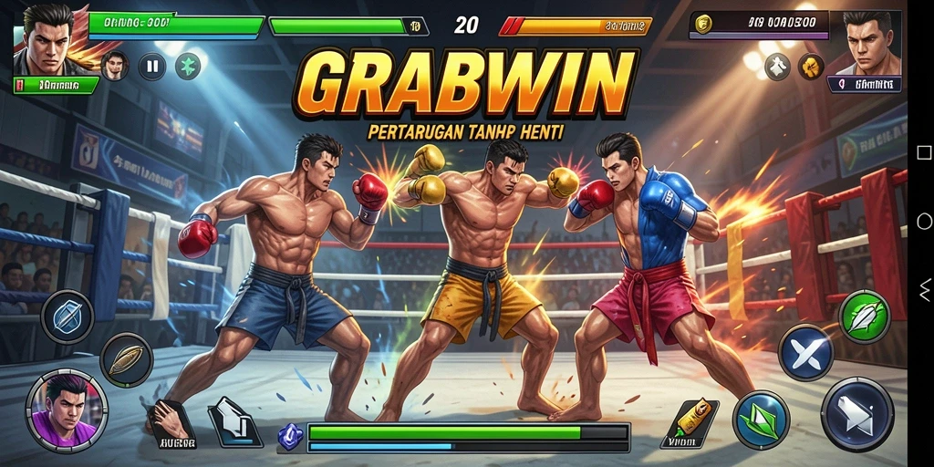 Tampilan pertarungan seru dalam gameplay <strong>GRABWIN</strong> dengan karakter beragam.