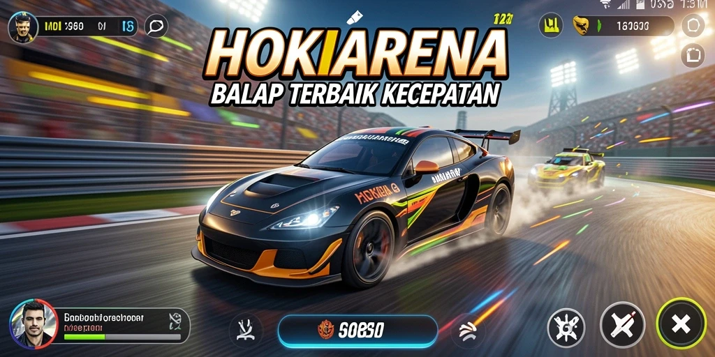 Tampilan gameplay HOKIARENA dengan mobil balap yang beraksi.