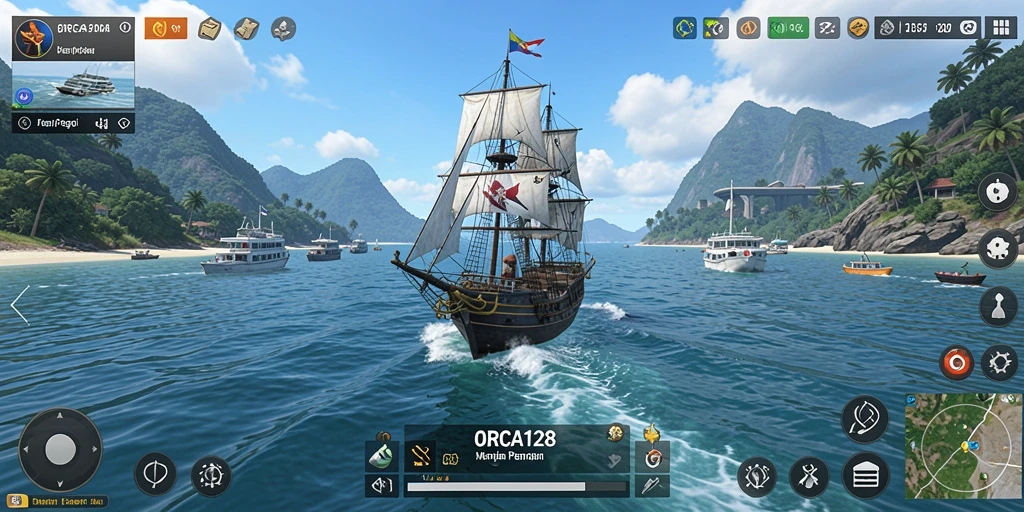 Tampilan gameplay ORCA128 dengan armada yang strategis.